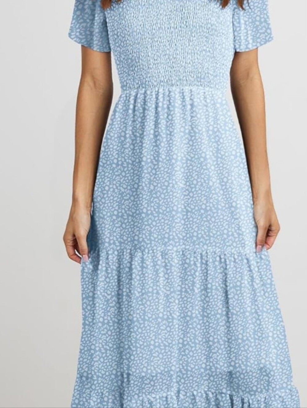 BTFBM Light Blue Floral Tiered Maxi Dress with Smocked Bodice
